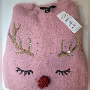 New Lipsy Pink Crew Neck Sweater with Festive Reindeer holidays x-mas Christmas